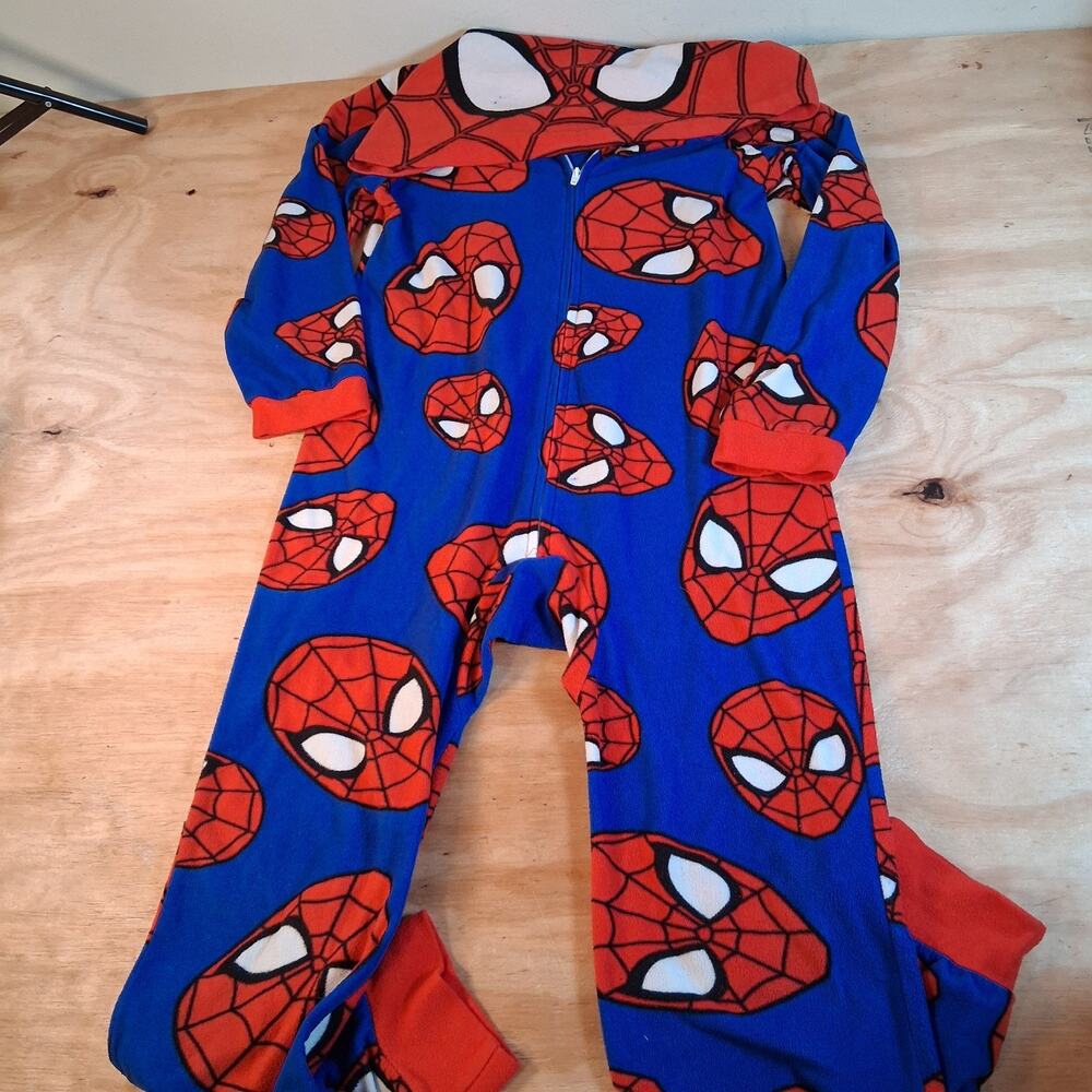 Spiderman Boys Pajamas Sz M Hooded One Piece Full Zip Sleepwear Marvel Red Blue